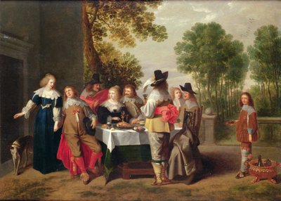 Elegante Gezelschap aan een Tafel in een Formele Tuin door Christoffel Jacobsz van der Lamen